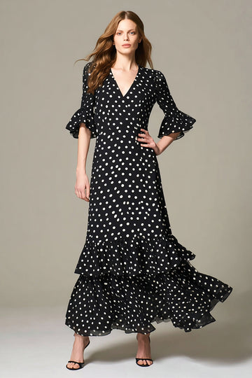 Noir Blanc À Pois À Volants Une Ligne Longue Formelle Robe Formelle Avec Manches